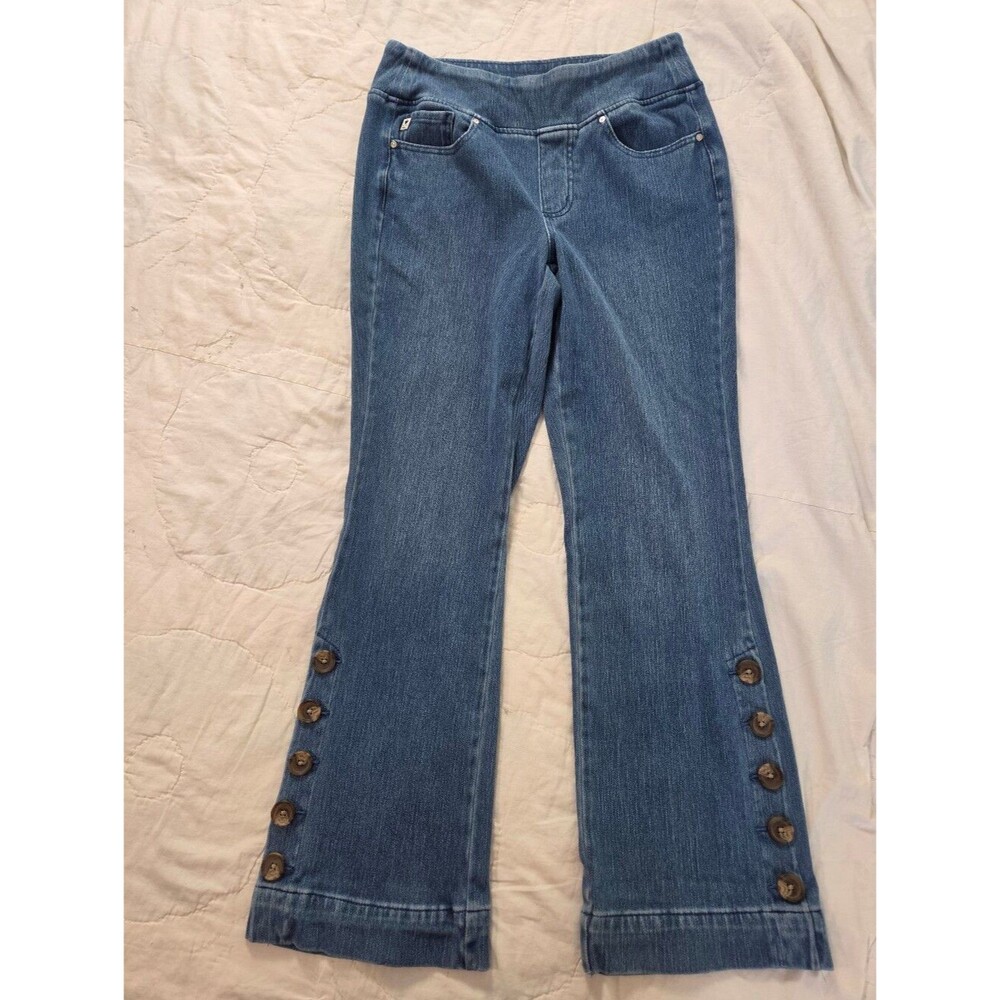 Womens Bootcut Stretch Pull On Faux Button Accent Jeans 70's Mature Comfort